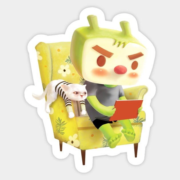 Boy with laptop sitting on the armchair Sticker by zkozkohi